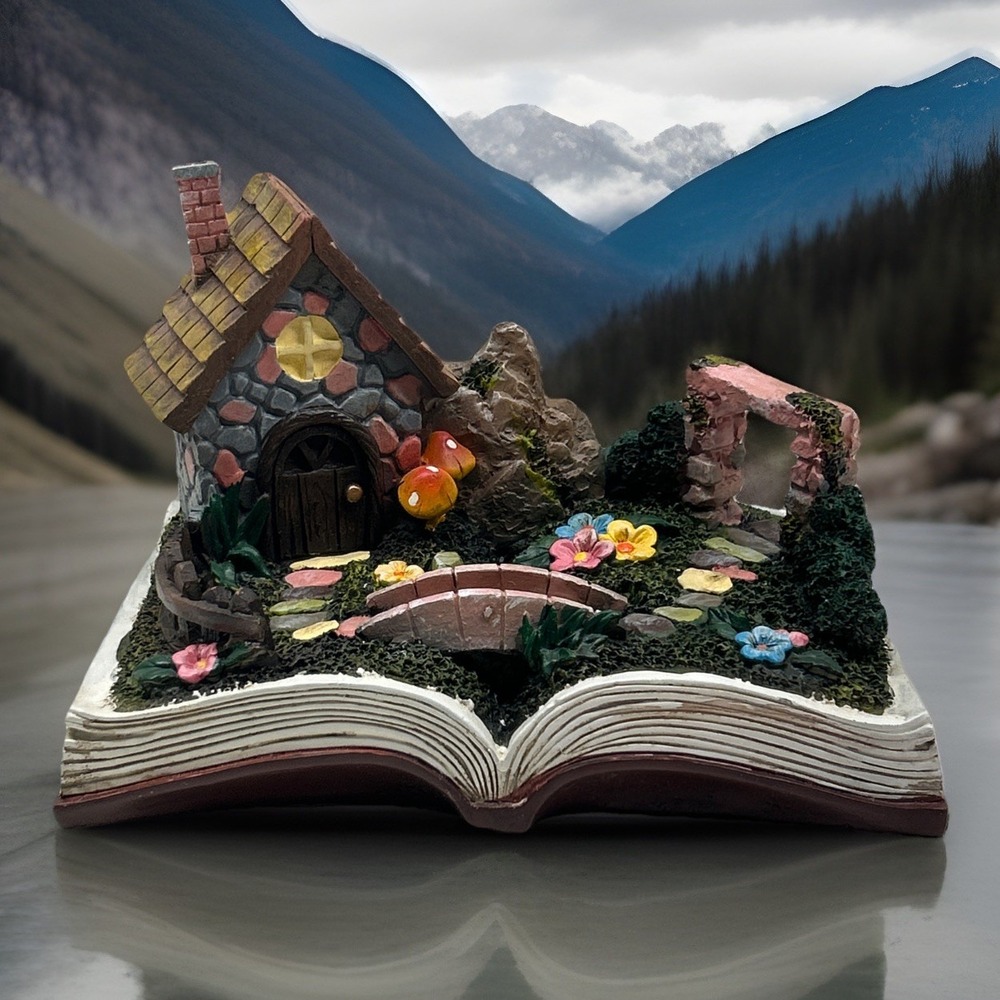Decorative Tiny Fairy Home and Garden Path Scene Resin Statue Book 7.5x10x7"